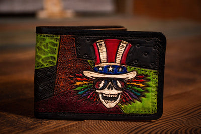 Psyche Sam Rainbow Dead Themed Patchwork Men's Hand Tooled Leather Wallet - Lotus Leather