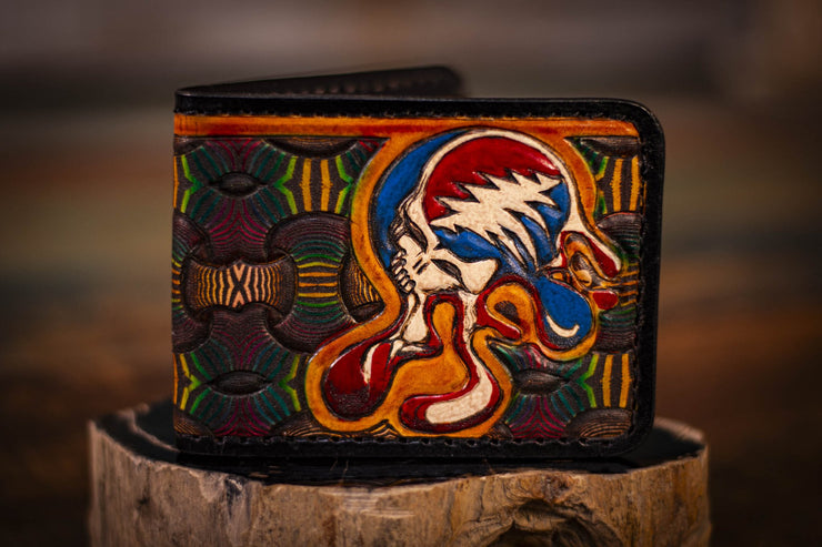 Psychedelic Melting Stealie Wallet - Brown Fade Leather for Deadhead Fans - Lotus Leather