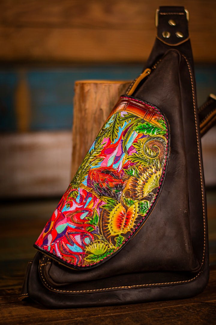 Psychedelic Stained Glass Venus Fly Trap Bigfoot Handmade Unisex Sling Bag - Lotus Leather