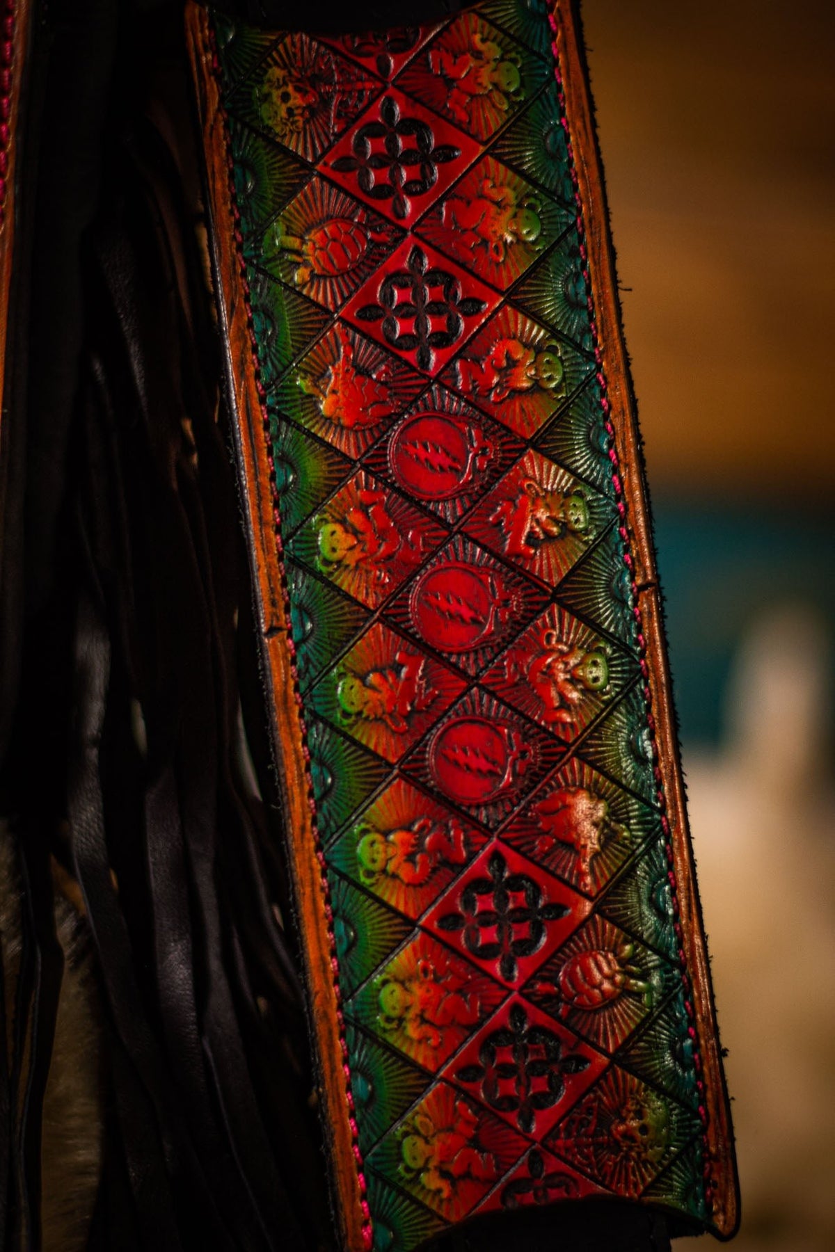 Rainbow - Dead Themed - Tooled Leather Fringe Crossbody Bag - Lotus Leather Brown with Fringe