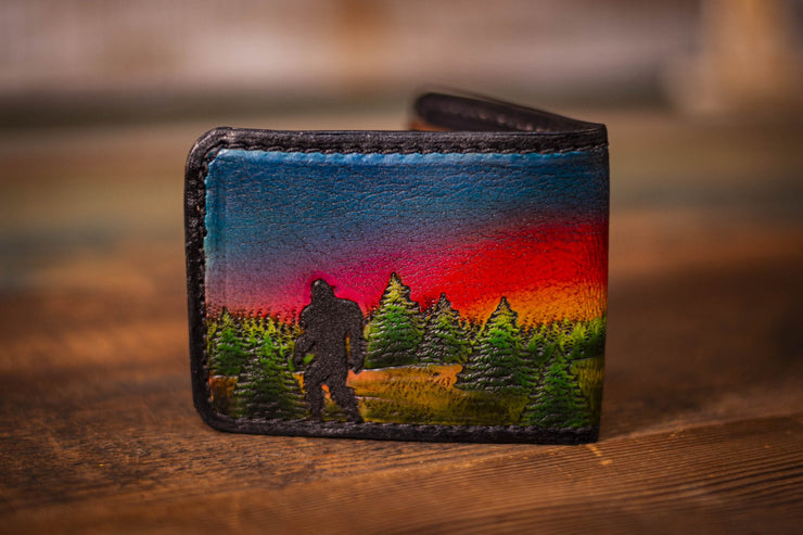 Rainbow Sasquatch in The Sunset Tooled Leather Wallet - Lotus Leather