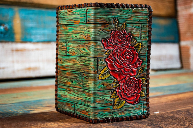 Roses - Distressed Wood Pattern - Tooled Leather Wallet - Lotus Leather