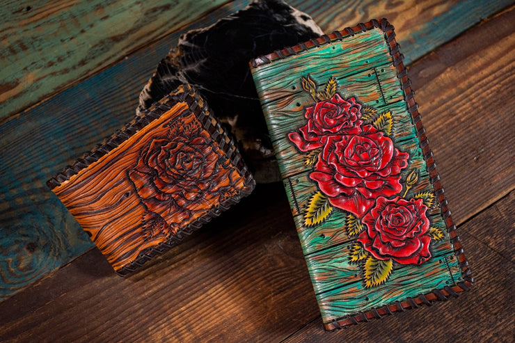 Roses - Distressed Wood Pattern - Tooled Leather Wallet - Lotus Leather