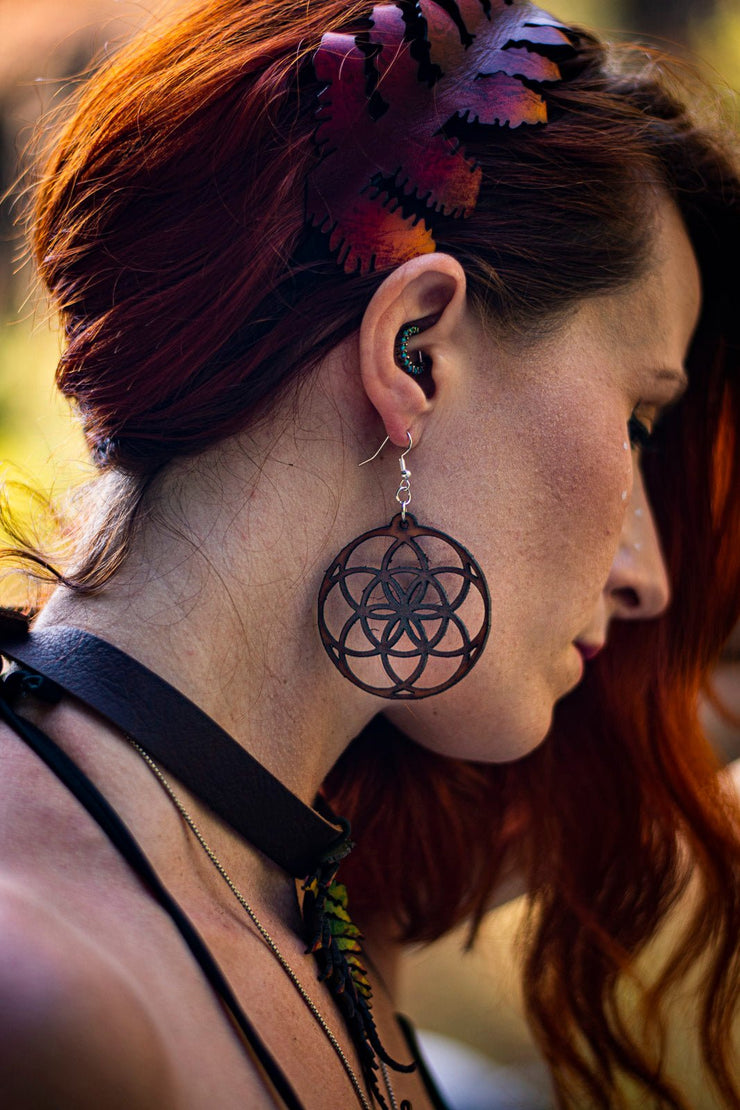Sacred Geometry Flower of Life Leather Earrings - Lightweight - Lotus Leather