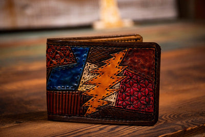 Stealie Bolt - Patchwork - Tooled Leather Wallet - Lotus Leather