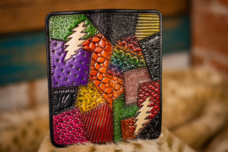 Stealie Bolt - Rainbow Patchwork - Tooled Long Leather Wallet - Lotus Leather