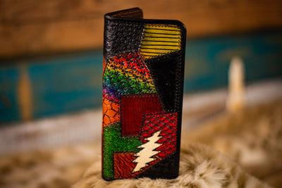 Stealie Bolt - Rainbow Patchwork - Tooled Long Leather Wallet - Lotus Leather