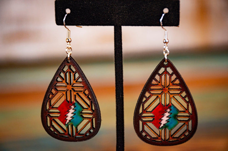 Stealie Mandala - Dead Themed - Hand Painted - Leather Earrings - Lotus Leather