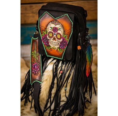 Sugar Skull - Tooled Leather Crossbody Bag - Lotus Leather