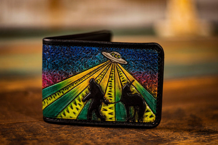Sunset Bigfoot and UFO - Tooled Leather Wallet - Lotus Leather