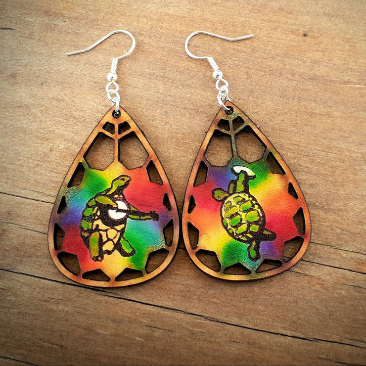 Terrapin - Tie Dyed - Tooled Leather Earrings - Lotus Leather