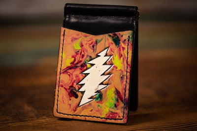 Tie Dye Bolt - Money Clip - Tooled Leather Minimalist Wallet - Lotus Leather
