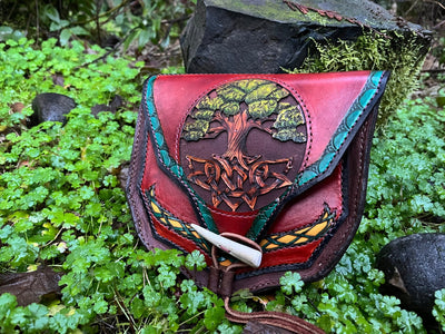 Tree of Life - Elven Tooled Leather Expandable Belt Bag - Lotus Leather