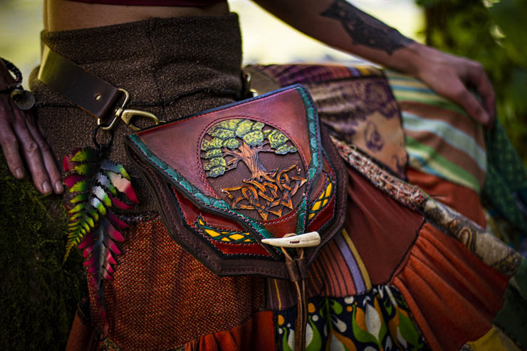 Tree of Life - Elven Tooled Leather Expandable Belt Bag - Lotus