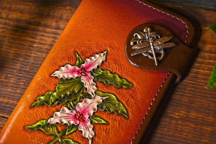 Trilliums - Tooled Long Leather Wallet - Lotus Leather