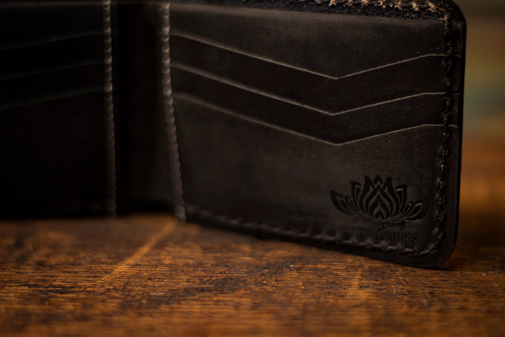 Magic Mushroom and Moonlit Mountains - Tooled Leather Wallet - Lotus Leather Black
