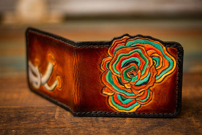 Turkey Tail and Psychedelic Mushroom - Tooled Leather Wallet - Lotus Leather