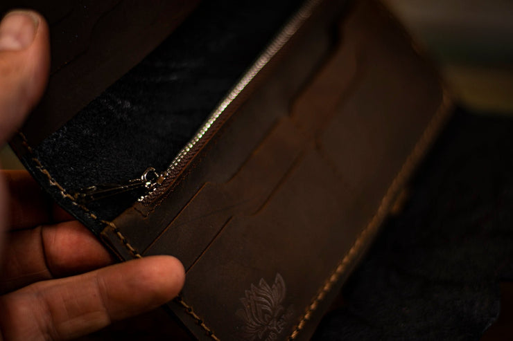 Turkey Tail Mushroom - Woodgrain Pattern - Tooled Long Leather Wallet - Lotus Leather