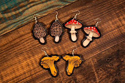 Wild Mushrooms - Assorted Available - Tooled Leather Earrings - Lotus Leather