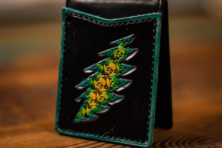 Yellow Blue Bolt - Dead Themed - Money Clip - Tooled Leather Minimalist Wallet - Lotus Leather