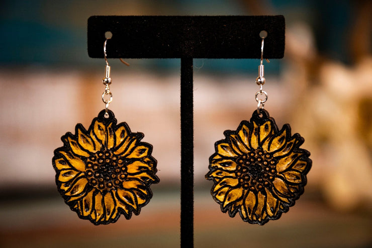Yellow Sunflower - Tooled Leather Earrings - Lotus Leather