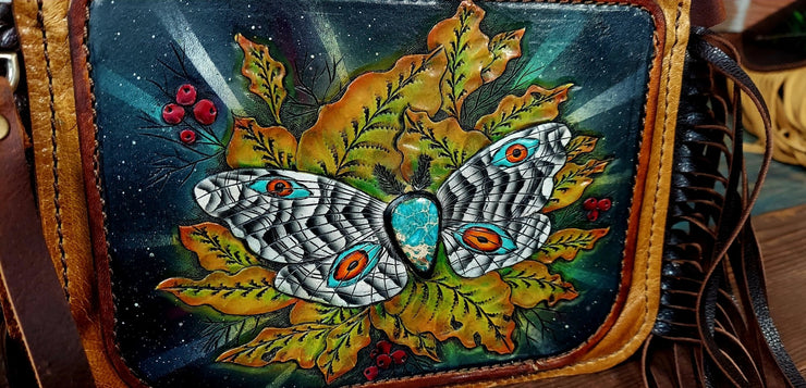 Zebra Moth - Built-In Wallet and Coin Pouch - Tooled Leather Clutch Handbag - Lotus Leather