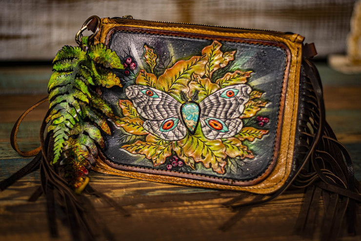Zebra Moth - Built-In Wallet and Coin Pouch - Tooled Leather Clutch Handbag - Lotus Leather